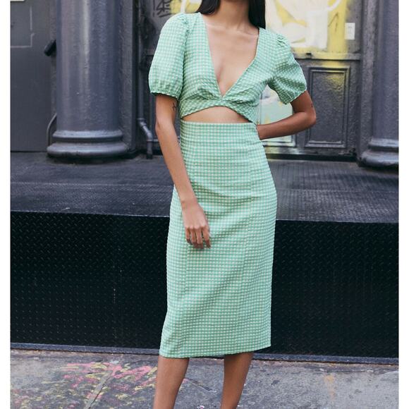 NWT Zara Gingham Cut Out Front Midi Dress in Green Women’s Size XS - Picture 2 of 10